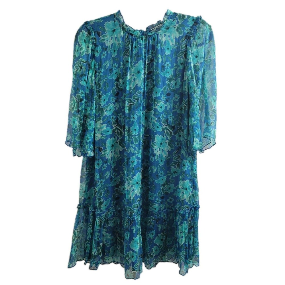 Johnny Was Jade Raquel Silk Mini Dress XS Blue Green Floral Ruffle Boho $375